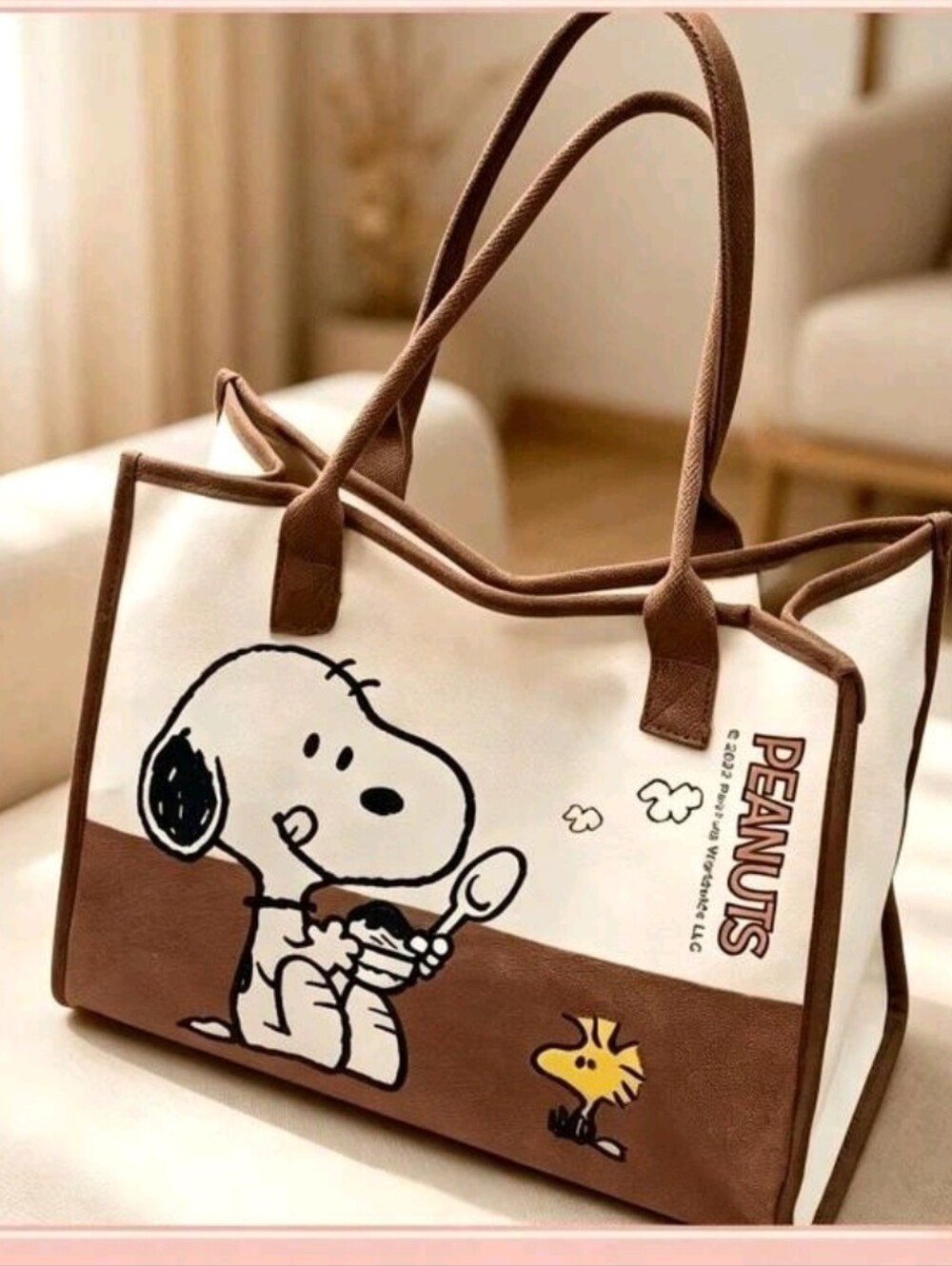Peanuts Canvas Tote in Brown and Cream with Snoopy Graphic